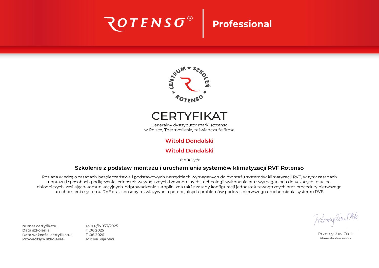 Certyfikat systemów RVF marki Rotenso